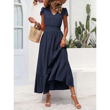 PRETTYGARDEN Womens Summer Boho Maxi Dress Short Sleeve Swiss Dot Flowy Long Dress V Neck Smocked Wa...