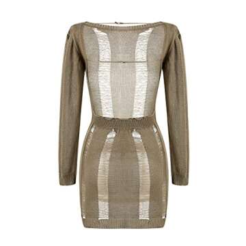 Mylleure Women Solid Color Crochet Knitted Dress Ripped Hollow Out Backless Long Sleeve Mini Casual Sweater Dress Cutout Summer Beach Y2K Streetwear (Brown, Small)