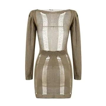 Mylleure Women Solid Color Crochet Knitted Dress Ripped Hollow Out Backless Long Sleeve Mini Casual Sweater Dress Cutout Summer Beach Y2K Streetwear (Brown, Small)