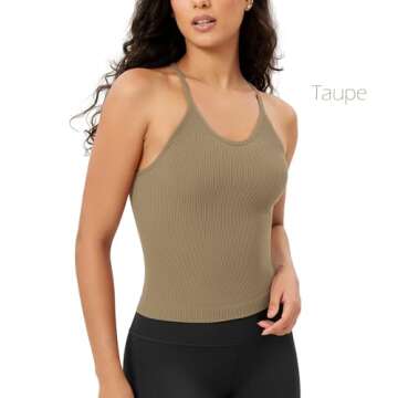ODODOS Women's 3-Pack Seamless Cami Tops Ribbed Camisole Tank Top, Mushroom Taupe Charcoal, Medium/Large