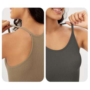 ODODOS Women's 3-Pack Seamless Cami Tops Ribbed Camisole Tank Top, Mushroom Taupe Charcoal, Medium/Large