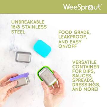 WeeSprout 18/8 Stainless Steel Condiment Containers With Lids - Set of 3 Small Salad Dressing Holders (2.5 oz) Dip Cups for Lunch Box, Leakproof Silicone Tops, Easy to Open