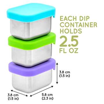 WeeSprout 18/8 Stainless Steel Condiment Containers With Lids - Set of 3 Small Salad Dressing Holders (2.5 oz) Dip Cups for Lunch Box, Leakproof Silicone Tops, Easy to Open