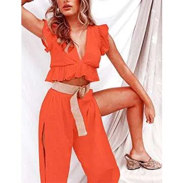 FANCYINN Womens 2 Pieces Crop Top Outfits Deep V Neck Side Slit Drawstring Wide Leg Pants Set Cute Jumpsuits Halloween Pumpkin JackoLantern Orange XL