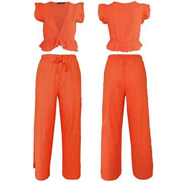 FANCYINN Womens 2 Pieces Crop Top Outfits Deep V Neck Side Slit Drawstring Wide Leg Pants Set Cute Jumpsuits Halloween Pumpkin JackoLantern Orange XL
