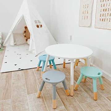 Retro Wooden Mid Century Kids Table and Chair Set - Farmhouse Toddler Table and Chair Set - Kids Circle Table for Kids - Toddler Round Table and Chairs