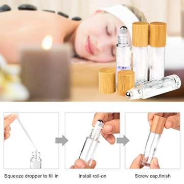 Clear Refillable Glass Empty Roll on Bottles Roller Bottle,10ml Bamboo Roll On Bottle For Essential Oils Perfume Sample Bottles With Stainless Steel Roller Ball &Bamboo Cap,12pcs