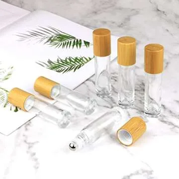 Clear Refillable Glass Empty Roll on Bottles Roller Bottle,10ml Bamboo Roll On Bottle For Essential Oils Perfume Sample Bottles With Stainless Steel Roller Ball &Bamboo Cap,12pcs