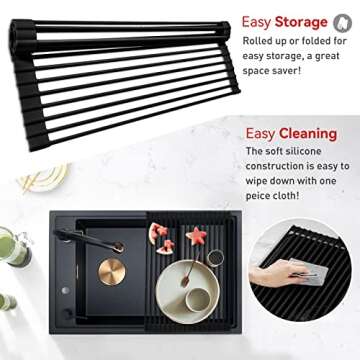 MERRYBOX Roll Up Dish Drying Rack, Silicone Wrapped Over The Sink Dish Rack Foldable Dish Drainer Anti-Slip Dish Racks for Kitchen Counter, Multipurpose Kitchen Sink Drying Rack, 18" x 13", Black