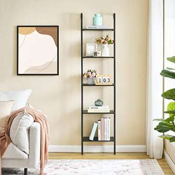 Tajsoon Ladder Shelf, 5-Tier Wood Wall Mounted Bookshelf with Metal Frame, Industrial Vertical Bookcase, Open Design Shelves for Bedroom, Home Office, Collection, Plant Flower, Black