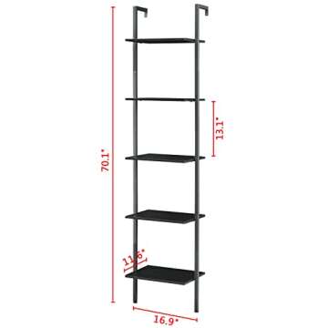 Tajsoon Ladder Shelf, 5-Tier Wood Wall Mounted Bookshelf with Metal Frame, Industrial Vertical Bookcase, Open Design Shelves for Bedroom, Home Office, Collection, Plant Flower, Black