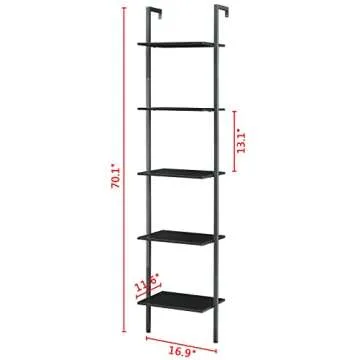 Tajsoon Ladder Shelf, 5-Tier Wood Wall Mounted Bookshelf with Metal Frame, Industrial Vertical Bookcase, Open Design Shelves for Bedroom, Home Office, Collection, Plant Flower, Black