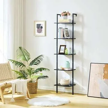 Tajsoon Ladder Shelf, 5-Tier Wood Wall Mounted Bookshelf with Metal Frame, Industrial Vertical Bookcase, Open Design Shelves for Bedroom, Home Office, Collection, Plant Flower, Black