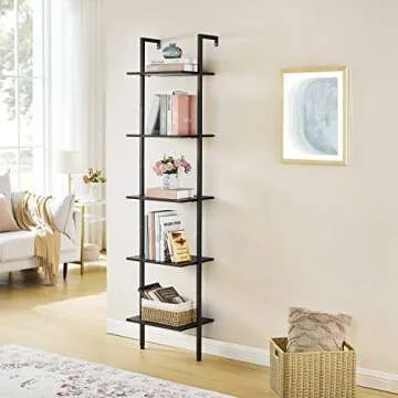 Tajsoon Ladder Shelf, 5-Tier Wood Wall Mounted Bookshelf with Metal Frame, Industrial Vertical Bookcase, Open Design Shelves for Bedroom, Home Office, Collection, Plant Flower, Black