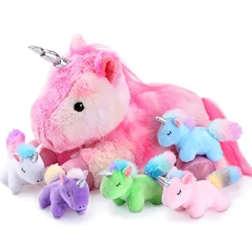 Sumind Rainbow Unicorn Mommy Stuffed Animal with 5 Cute Baby Unicorns in Her Tummy Plush Toy for Mam...