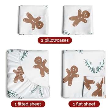 Queen Christmas Gingerbread Cookie Sheet Set - 4 Piece Holiday Bedding - Deep Pockets, Wrinkle Free