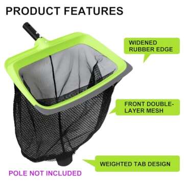 Sepetrel Swimming Pool Leaf Skimmer Net,Rubber Lip & Reinforced Frame Double-Layer Deep Rake(NO Pole)