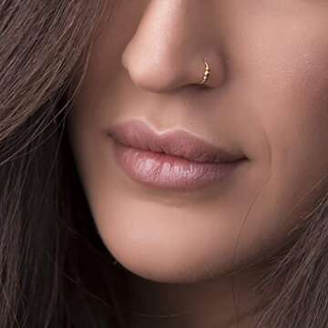 Gold Beaded Nose Ring - Dainty 8mm Hoop 24 Gauge Gold Beads Piercing – Snug 14K Gold Filled Nose P...