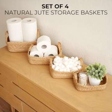 Beautiful Storage Basket Set of 4 - Natural Jute Rope Baskets for Shelves Are Perfect for Organizing...