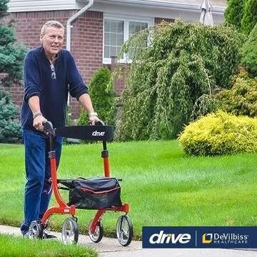 Drive Medical Nitro Dual Function Transport Wheelchair and Rollator Rolling Walker Combo with Hand Activated Brakes and Back Support, Red