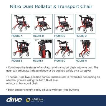 Drive Medical Nitro Dual Function Transport Wheelchair and Rollator Rolling Walker Combo with Hand Activated Brakes and Back Support, Red
