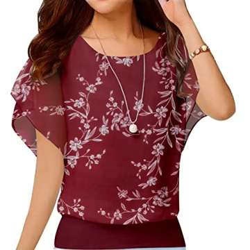 Neineiwu Women's Loose Casual Short Sleeve Chiffon Top T-Shirt Blouse (21 White Leaves/Red, Small)