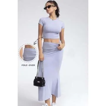 CHYRII Womens Two Piece Sets Short Sleeve Crewneck Cropped Top Bodycon Fold Over Maxi Skirt Maxi Dre...