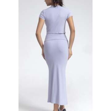 CHYRII Womens Two Piece Sets Short Sleeve Crewneck Cropped Top Bodycon Fold Over Maxi Skirt Maxi Dress Outfits Blue Haze L