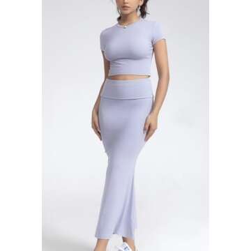 CHYRII Womens Two Piece Sets Short Sleeve Crewneck Cropped Top Bodycon Fold Over Maxi Skirt Maxi Dress Outfits Blue Haze L