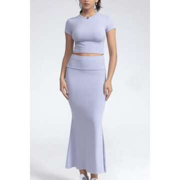 CHYRII Womens Two Piece Sets Short Sleeve Crewneck Cropped Top Bodycon Fold Over Maxi Skirt Maxi Dress Outfits Blue Haze L