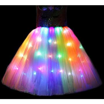 Soyoekbt Girls Unicorn Costume LED Light Up Unicorn Princess Dress Birthday Party Outfit Halloween Tutu Dress with Headband Rainbow Sequin+Rainbow Led 5-6Years