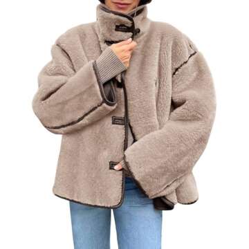 Tankaneo Womens Faux Fur Jackets Warm Winter Casual Button Down Stand Collar Long Sleeve Shaggy Outw...