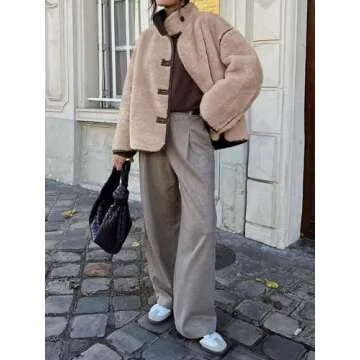 Tankaneo Womens Faux Fur Jackets Warm Winter Casual Button Down Stand Collar Long Sleeve Shaggy Outwear Coats