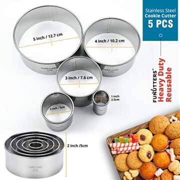 Cookie Cutter Set, 5 Pc. Kit, Measuring 1'', 2'', 3'', 4'' and 5'', Round Metal Baking Rings for Pas...