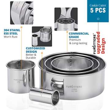 Cookie Cutter Set, 5 Pc. Kit, Measuring 1'', 2'', 3'', 4'' and 5'', Round Metal Baking Rings for Pastry, Biscuits, and Dough Cutting, Heavy Duty and Reusable, Multiple Sizes