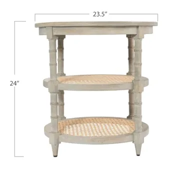 Creative Co-Op Round Solid Wood End Table with 2 Woven Cane Shelves, Grey Washed