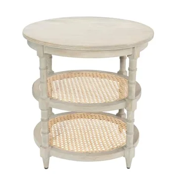 Creative Co-Op Round Solid Wood End Table with 2 Woven Cane Shelves, Grey Washed