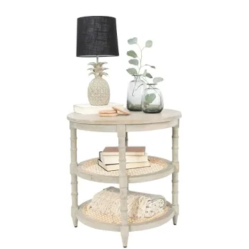 Creative Co-Op Round Solid Wood End Table with 2 Woven Cane Shelves, Grey Washed