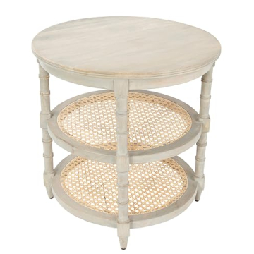 Creative Co-Op Round Solid Wood End Table with 2 Woven Cane Shelves, Grey Washed