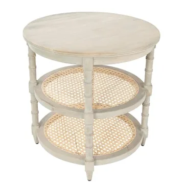 Creative Co-Op Round Solid Wood End Table with 2 Woven Cane Shelves, Grey Washed