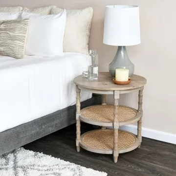 Creative Co-Op Round Solid Wood End Table with 2 Woven Cane Shelves, Grey Washed