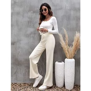 Cowasto Women's Wide Leg Sweatpants High Waisted Drawstring Rib Knit Fall Winter Pants Apricot Medium