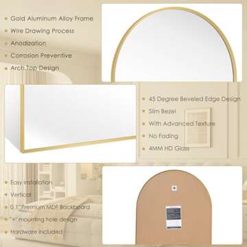 Minuover Arched Wall Mirror for Bathroom, 24"x36" Gold Mordern Metal Frame for Entryway Living Room Bedroom Wall Decor