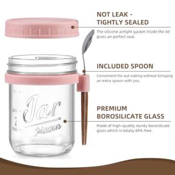 LANDNEOO 6 Pack Overnight Oats Containers with Lids and Spoons, 16 oz Glass Mason Overnight Oats Jars, Large Capacity Airtight Jars for Milk, Cereal, Fruit(Pink)
