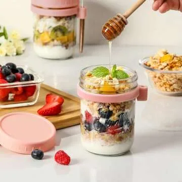 LANDNEOO 6 Pack Overnight Oats Containers with Lids and Spoons, 16 oz Glass Mason Overnight Oats Jars, Large Capacity Airtight Jars for Milk, Cereal, Fruit(Pink)