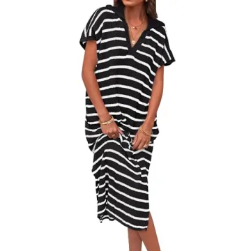 ZESICA Women's Summer Striped Midi Dress Elegant V Neck Loose Fit Collection