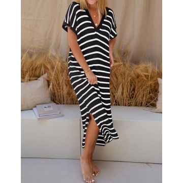 ZESICA Women's Summer Striped Midi Dress Comfortable Chic
