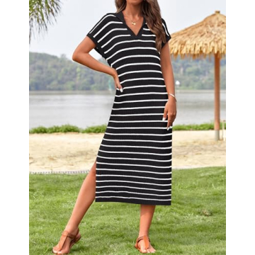 ZESICA Women's Summer Striped Midi Dress Comfortable Chic