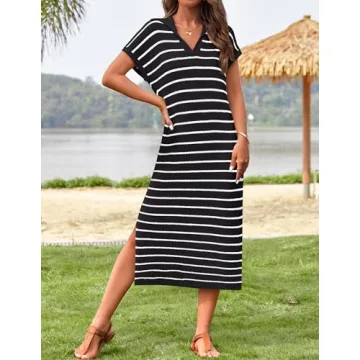 ZESICA Women's Summer Striped Midi Dress Comfortable Chic