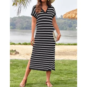 ZESICA Women's Summer Striped Midi Dress Comfortable Chic